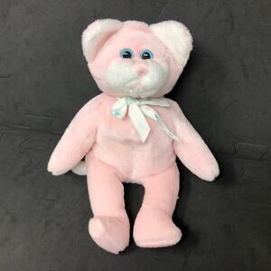 Animal Adventure Pink Kitty Beanie Plush 8" Blue Eye Cat Satin Bow VTG 1999